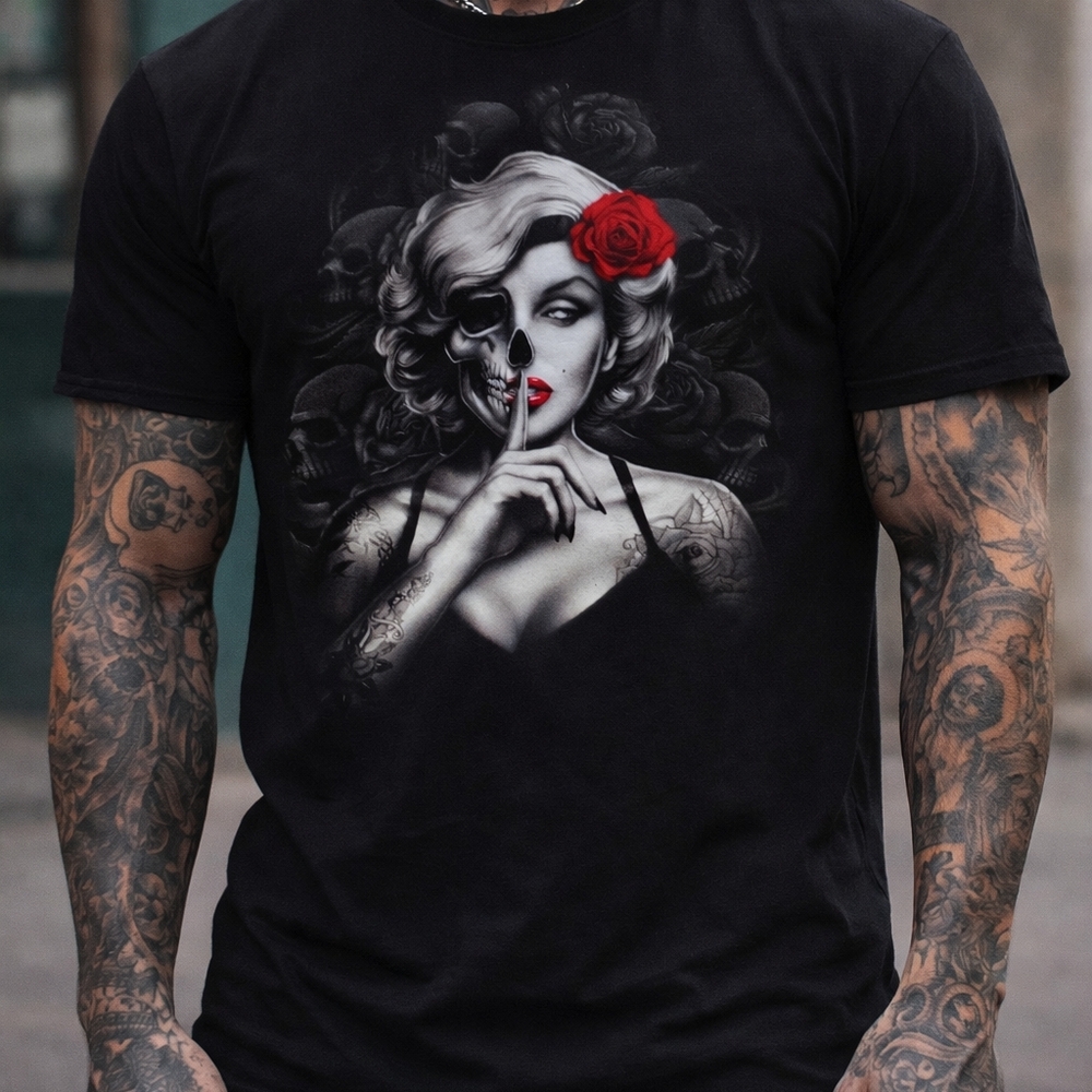 Gothic Pin Up/Skull Marilyn Monroe With Red Rose Accent On Black Short Sleeve